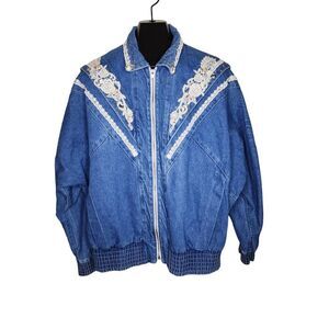 Vintage 90s Country Denim Jean Jacket Womens Size L Blue Lace Bomber